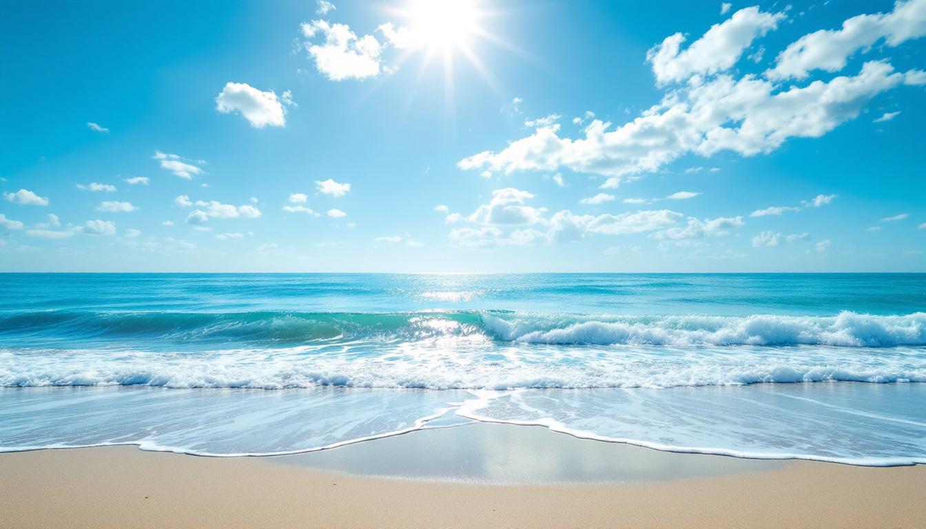 Empty seaside backdrop, midday light. The bare plate — sand, surf and a low horizon held in deliberate negative space, intended as a stage for later compositing.