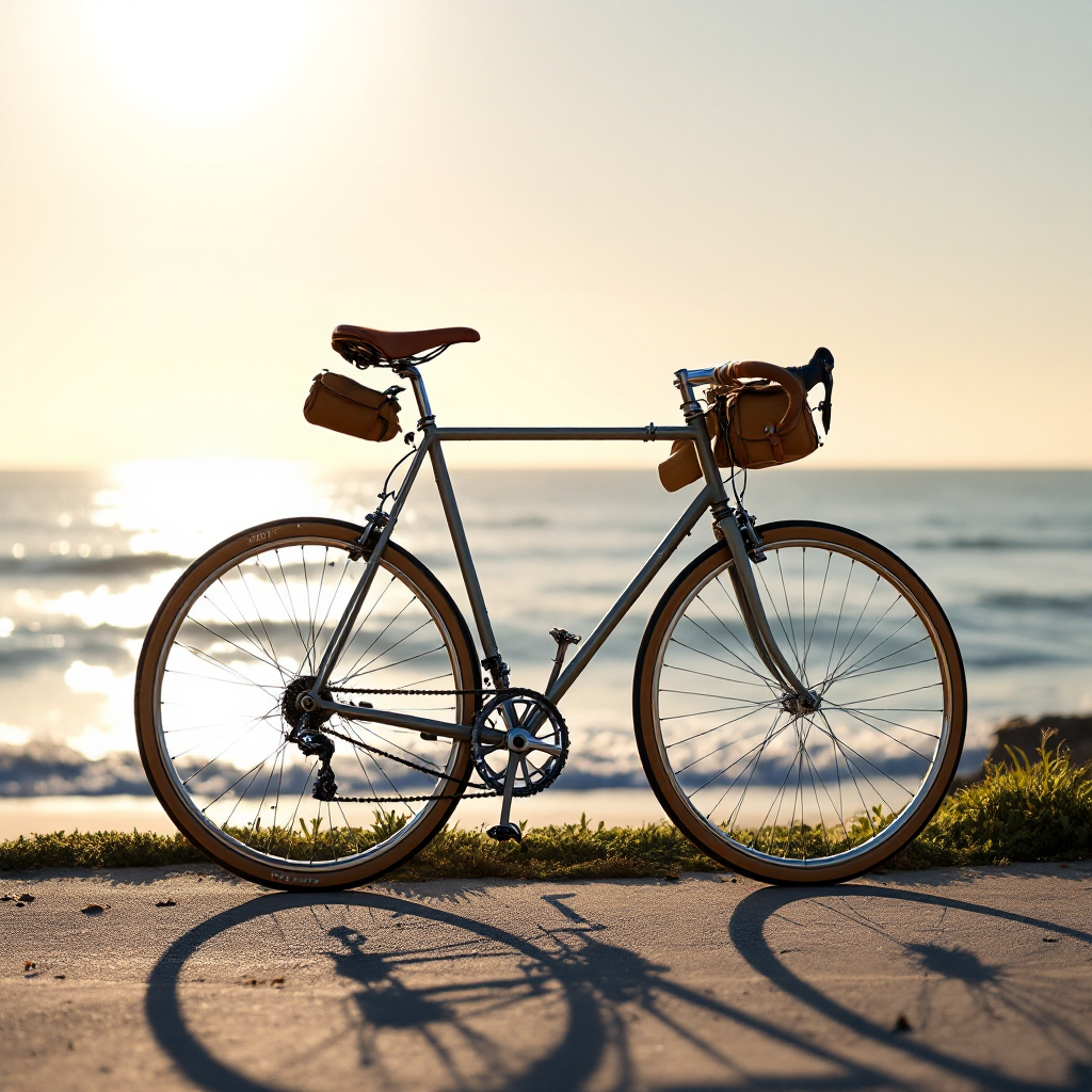 Final composite — the reference bicycle is preserved verbatim, dropped into the seaside plate by Nano Banana Pro Edit. The point of the series.