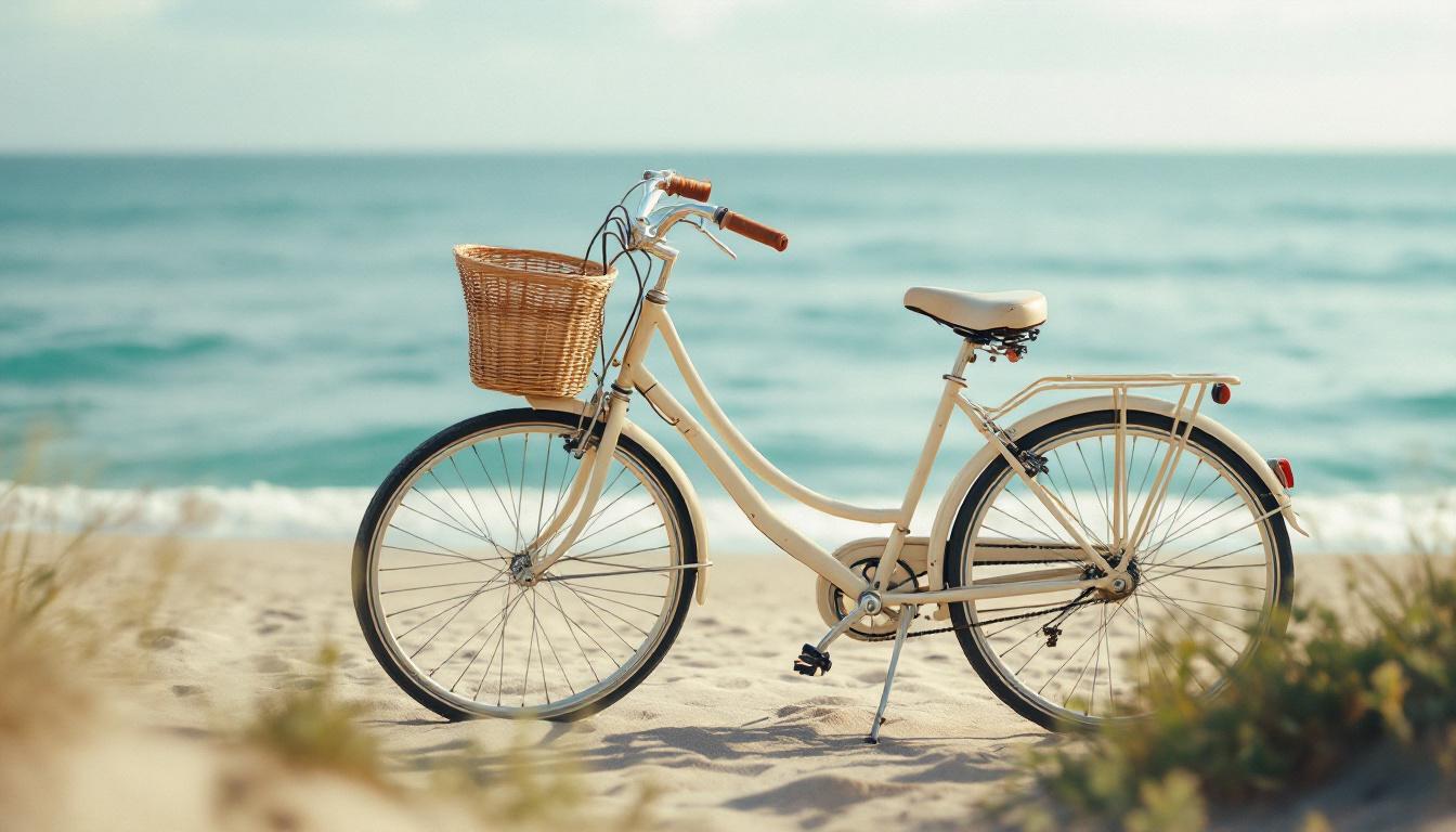 Same plate, recomposed with a vintage step-through bicycle in the foreground. First composite pass — the bike is generated wholesale, not lifted from a reference.